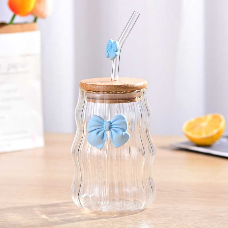 Multi-color bow single-layer cup, high borosilicate glass with bamboo and wood lid, bow straw cup, high appearance level glass cup Specification image