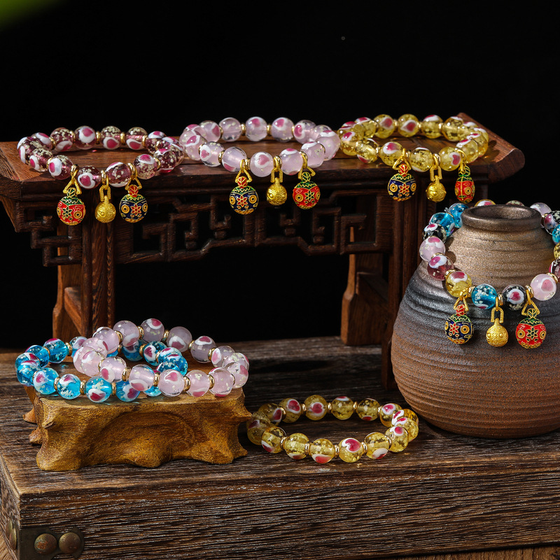 Hanyu Yuan Beijing Ancient Method Fluorescent Glass Devouching Beast Bracelet, Cherry Blossom Pink Luminous Incense Ash Pearl Female Heart Bracelet Specification image