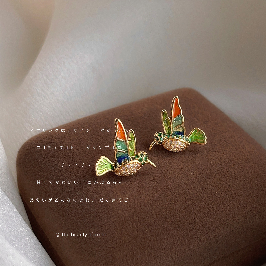 Light luxury style colored enamel drop glaze hummingbird 14K ear studs slightly inlaid zircon three-dimensional bird dynamic and high-end earrings