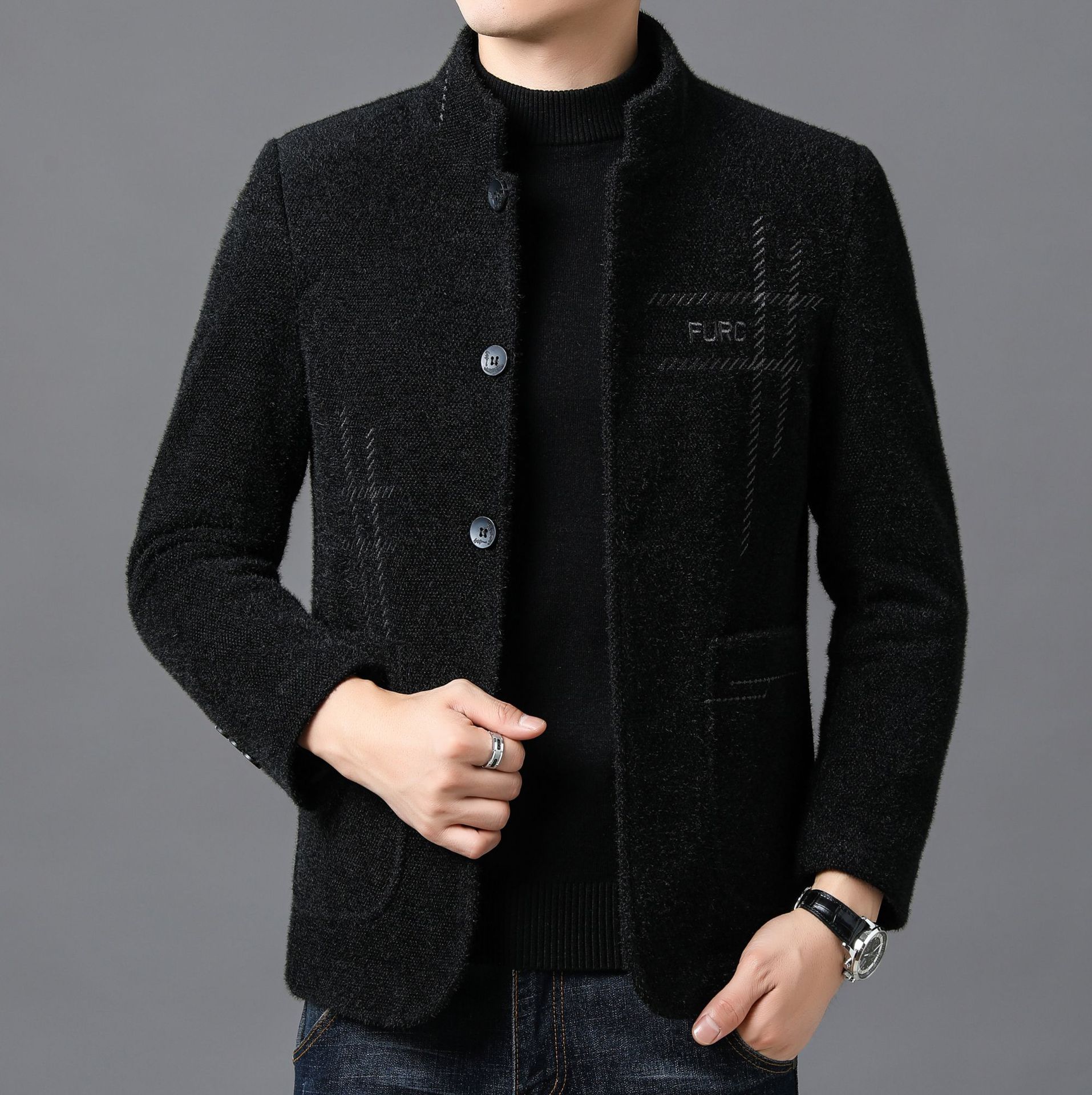 Winter new Chenille middle-aged Dad jacket for men, cotton and thickened business casual stand-up collar woolen men's coat Specification image