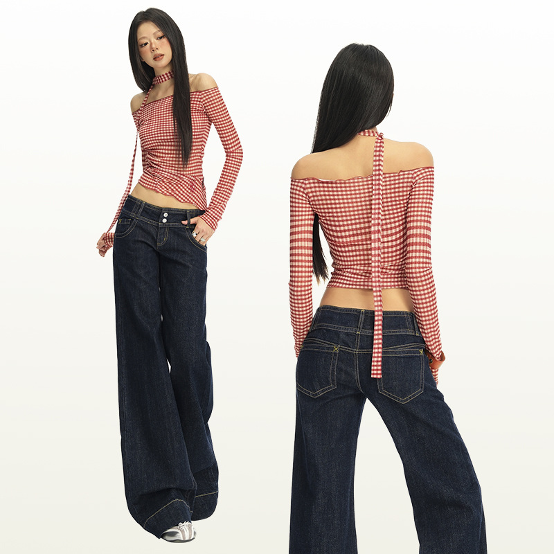 橙绢女装#美式复古丹宁原牛色直筒牛仔裤女早秋百搭微休闲喇叭裤