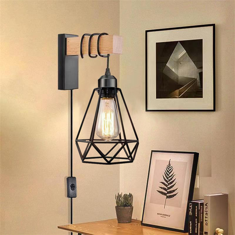 A best-selling retro American-style wall lamp on Amazon for foreign trade, plug-in with switch cage wall lamp, bedroom bedside table wall lamp Specification image