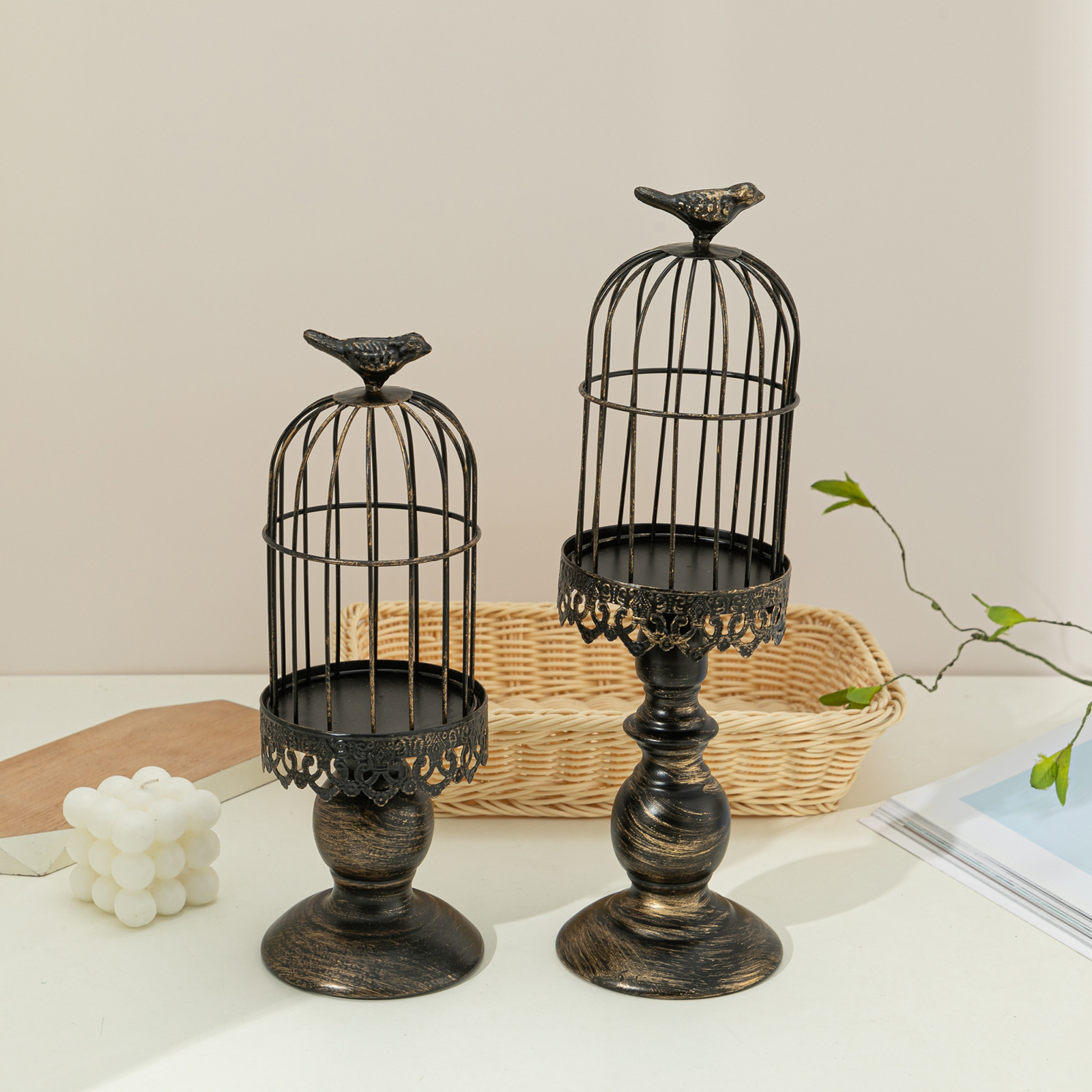 Cross Border Black Vintage Birdcage Candle Holder Welded To Do Old Craft Carved Pattern Decorative Metal Crafts Candle Specification drawing