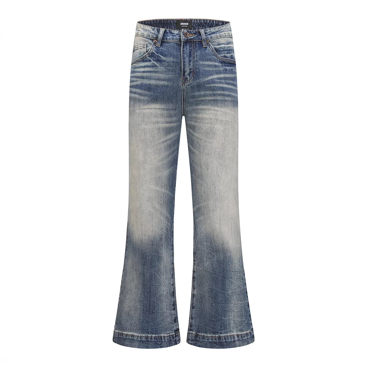 ARES American retro mid-waist washed, slightly flared straight skinny jeans, men's versatile casual long pants wholesale details Picture