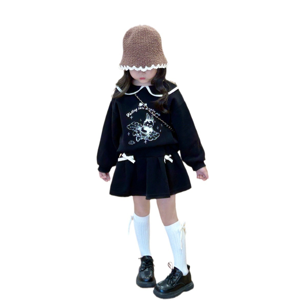 The 2024 autumn new stylish cartoon set for girls, a two-piece Korean-style baby girl lapel hoodie and skirt Item Picture
