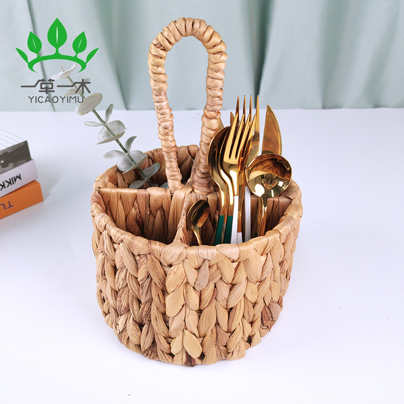 Water Hyacinth Woven Storage Basket Amazon Hot Selling Hand-Woven Knife And Fork Storage Basket Home Small Debris Storage