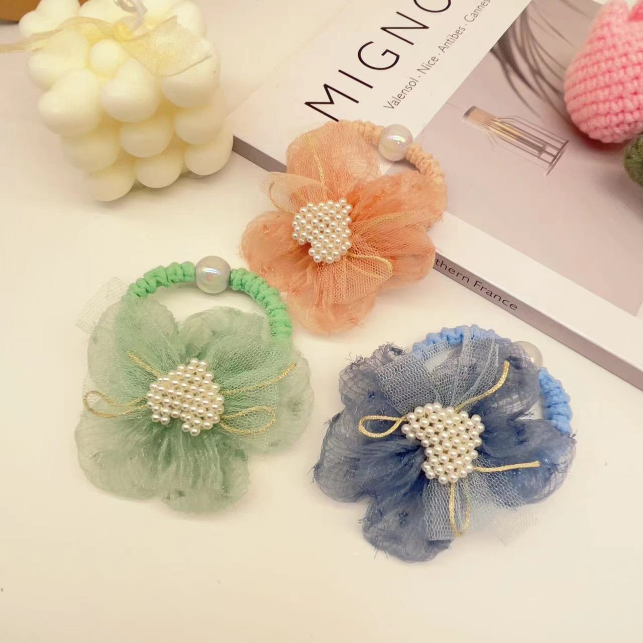 Hair Rope Lt10415 Korean Pearl Love Salsa Five-Petal Flower Children's Hair Accessories Hair Rope