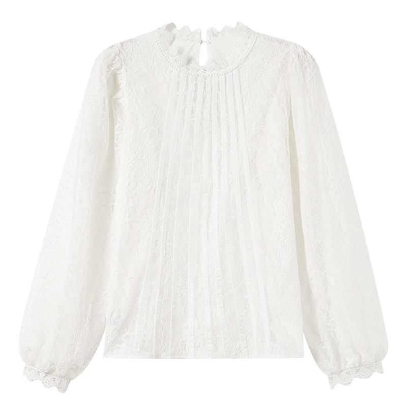 New Chinese-style in-stock real photos of the autumn new Korean-style versatile semi-high-neck lace base shirt for women. Pair it with a lace shirt inside Item Picture
