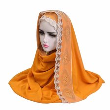 跨境中东阿拉伯新品头巾珍珠雪纺拼接蕾丝花边精品围巾爱心滴水钻