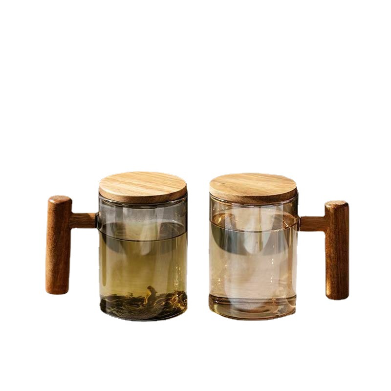 木把带盖高硼硅玻璃办公杯 大容量透明玻璃泡茶杯 家用普洱绿茶杯详情图5