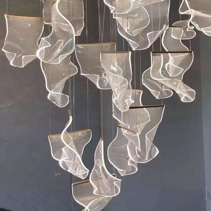 Post modern creative acrylic transparent light project light floating white paper shape hotel lobby duplex staircase chandelier