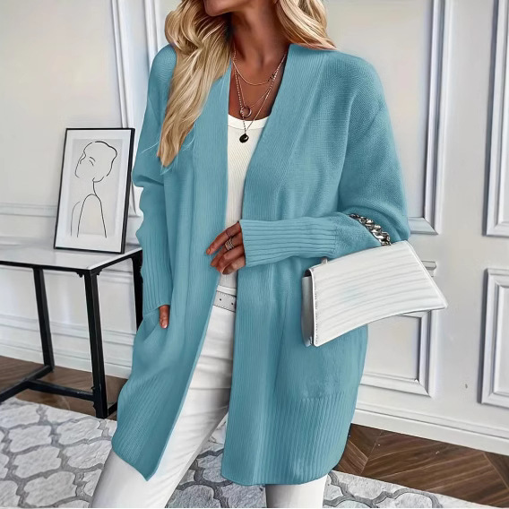 A large-sized women's knitted sweater for cross-border trade, a European and American cardigan, a casual, simple and elegant sweater with pockets and a shawl details Picture