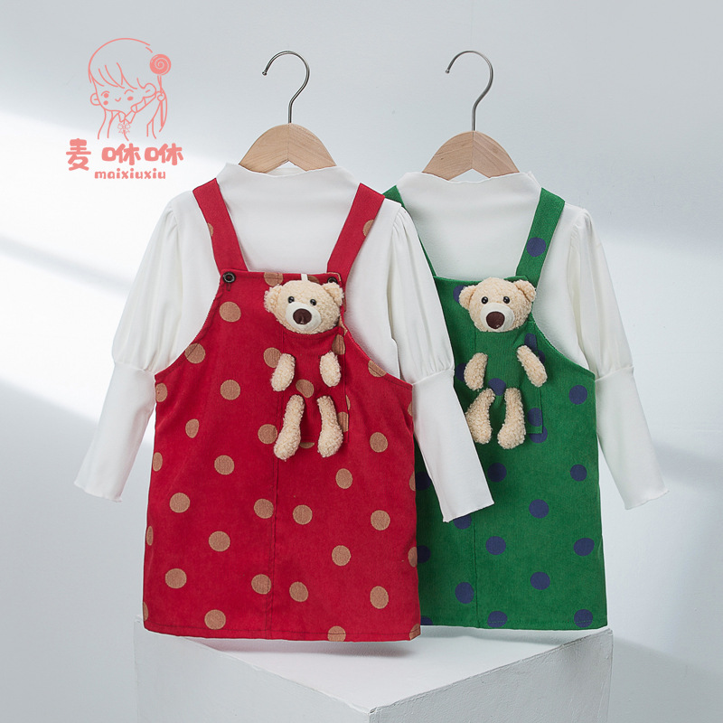 麦咻咻2022秋冬儿童背带裤新款宝宝小熊灯芯绒女童公主裙两件套