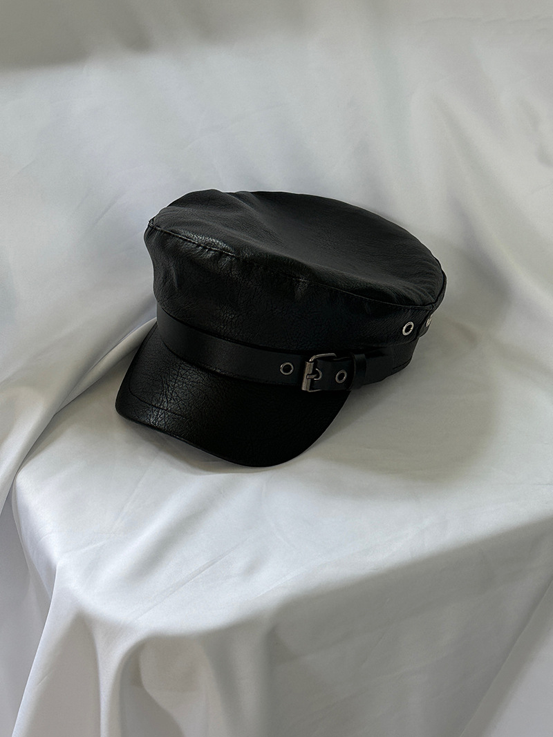 Black retro high-end beret, niche design, leather hat, children's big head circumference, small octagonal hat, baseball cap Item Picture