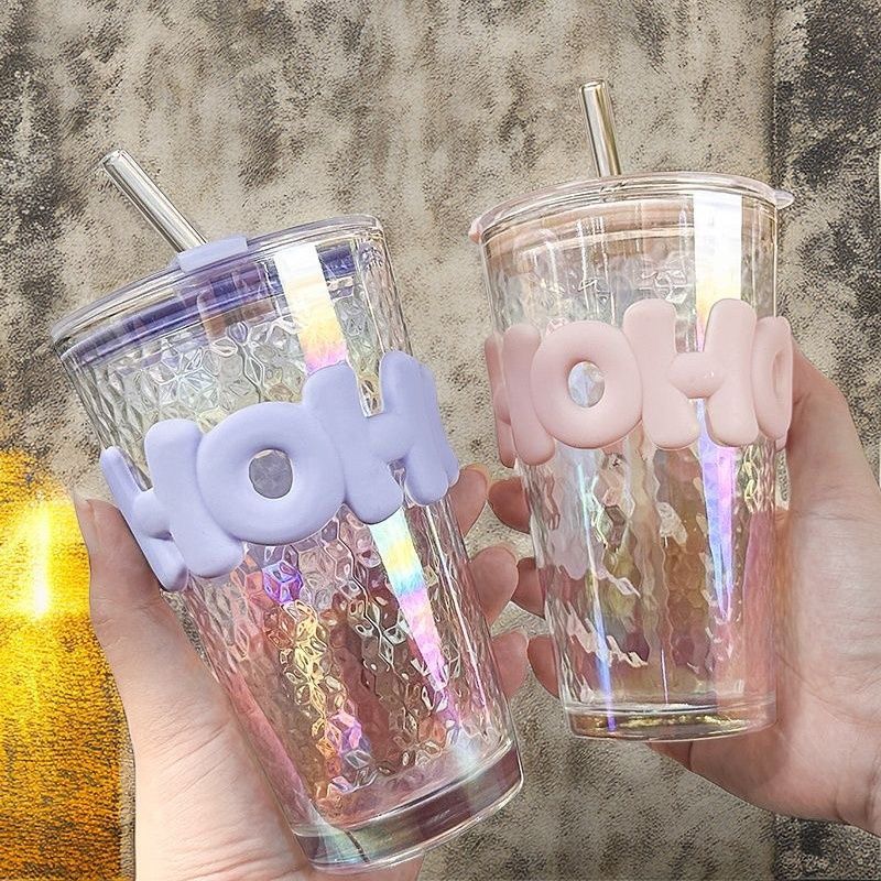 Letter Cup Glass Cup Ins Wind High Appearance Level Large Capacity Home Office Coffee Straw Juice Cup Specification drawing
