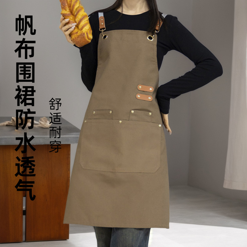 帆布防水围裙批发咖啡店厨房家用高颜值工作服围裙可代发印字logo