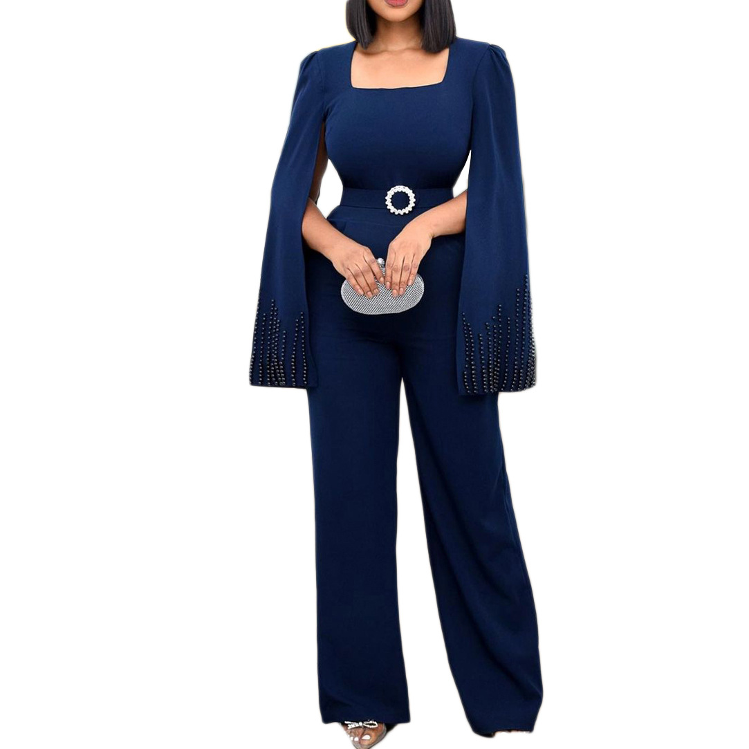 D244 comes with a belt and stands out at the 2022 autumn new collection of large-sized solid color wide-leg beaded cape European and American jumpsuits for foreign trade Item Picture