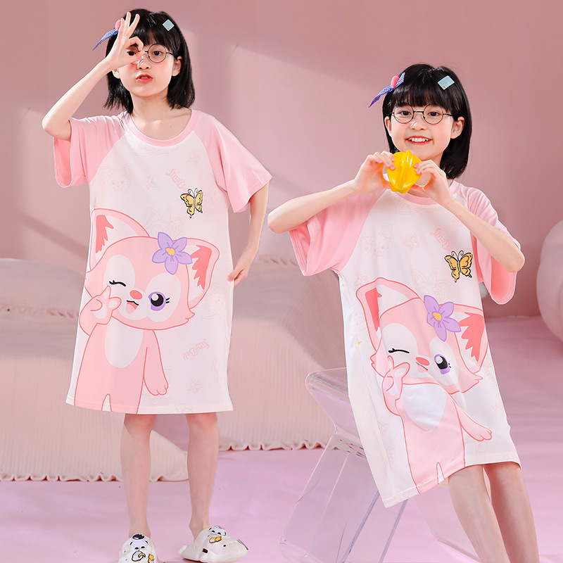 Children's nightgown summer girls short-sleeved cute cartoon children's pajama dress for older kids to wear outside air-conditioned clothes for summer Item Picture