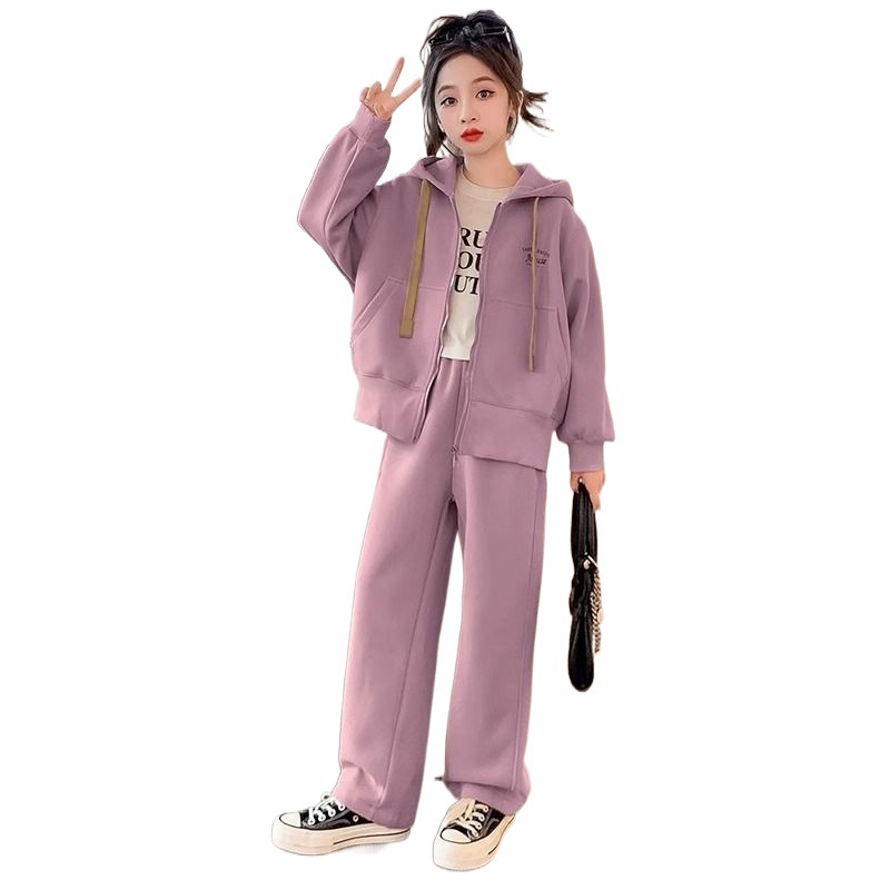 Girls' fleece and thickened set 2023 New Children's clothing, popular autumn and winter sports hooded sweatshirt jacket Item Picture