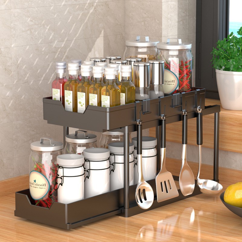 Amazon double pull kitchen countertop storage, bathroom, toilet organization, seasoning, cabinet bottom sink, storage rack Application Scenario