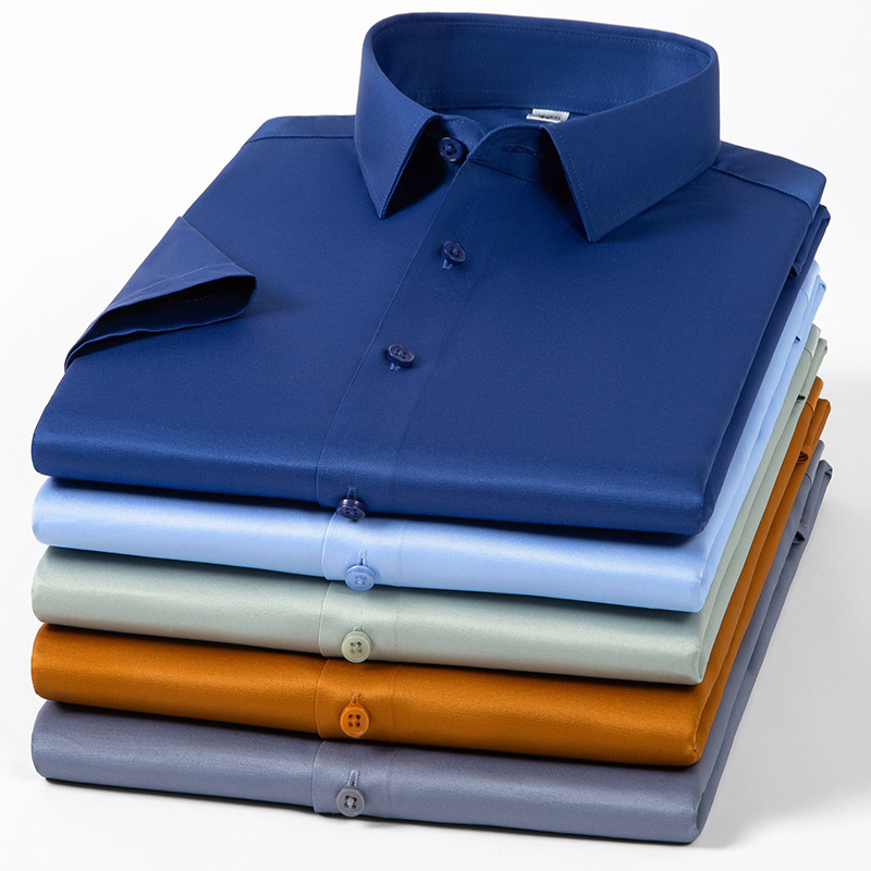 Summer imitation silk short-sleeved shirts for men's business casual professional wear, elastic, anti-wrinkle, no-iron, high-end look details Picture