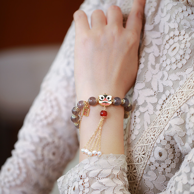 天然烟紫玛瑙流苏手链女 醒狮珍珠流苏复古国潮珠宝串珠手串 批发详情图4