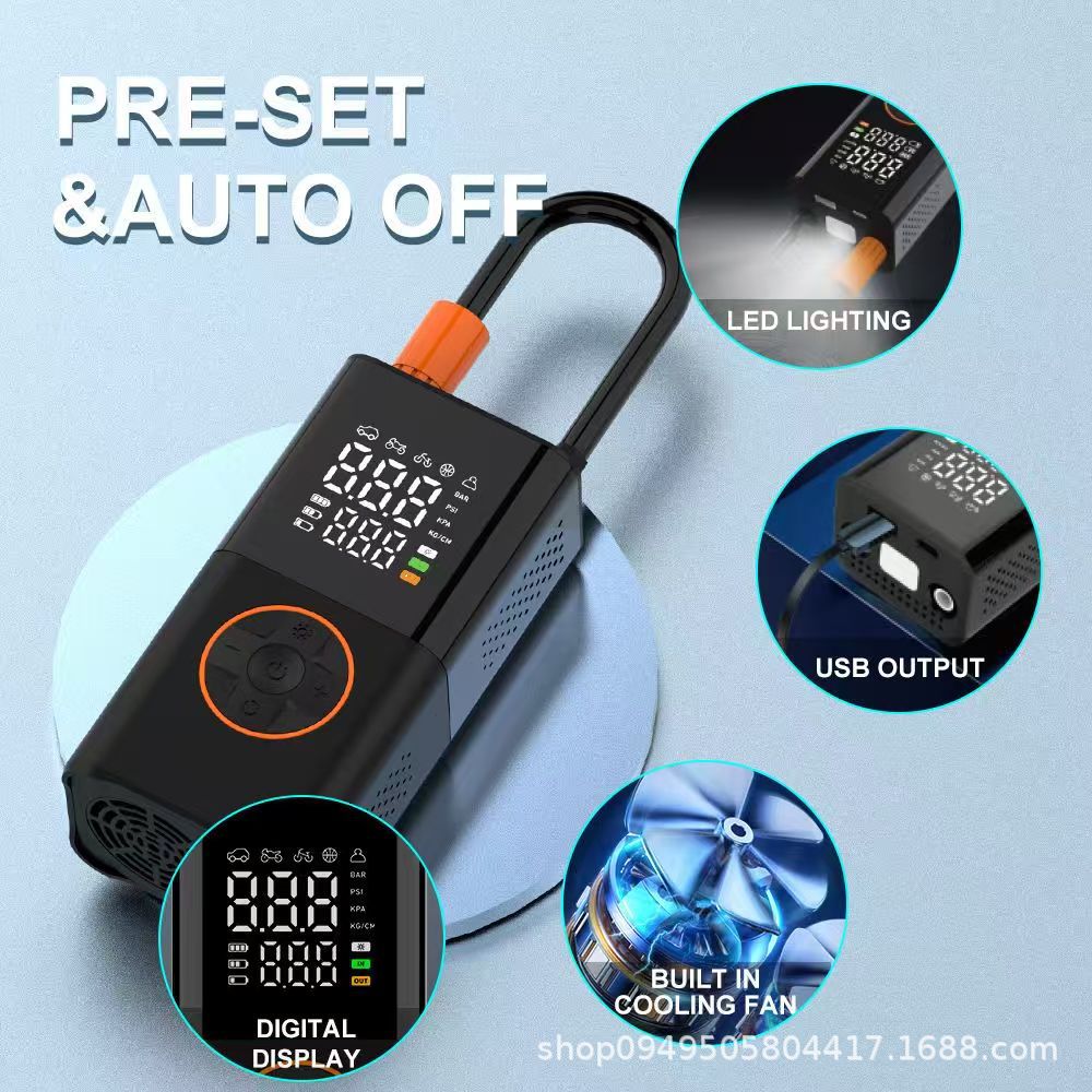 Portable mini self-propelled electric tire pump, handheld wireless charging digital dual-screen car air pump Specification image