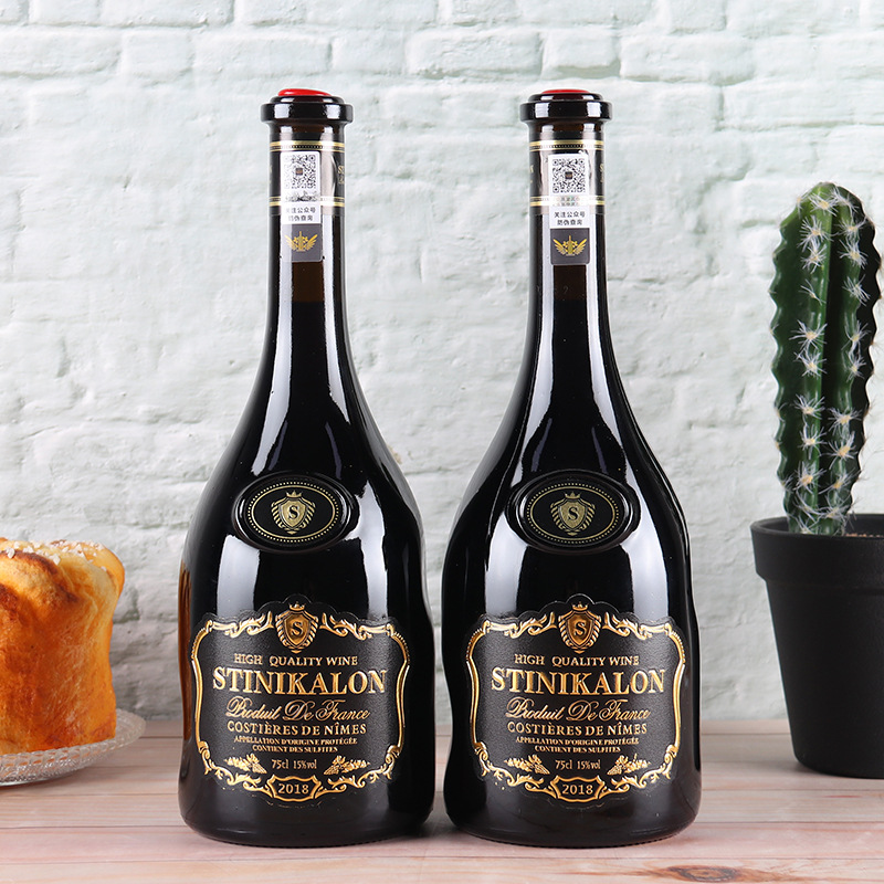French imported red wine, hand-held irregular-shaped bottle, anti-counterfeiting code, red cap dry red wine, physical wholesale, one-piece consignment