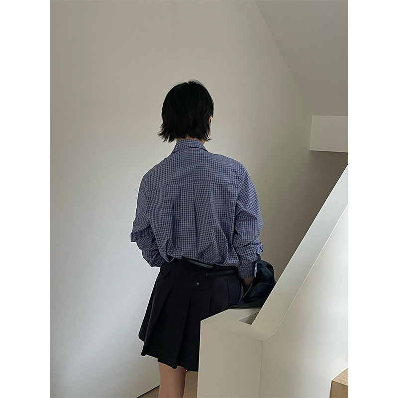 Shijian miu series fashionable intellectual lapel checked shirt for women's Thirteen Lines Autumn New Shirt Trend 02596 Specification image