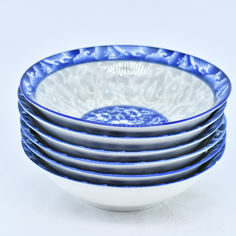 Wholesale of 10 7-inch large noodle bowls, porcelain bowls, blue and white porcelain bowls, commercial soup bowls and household bowls details Picture