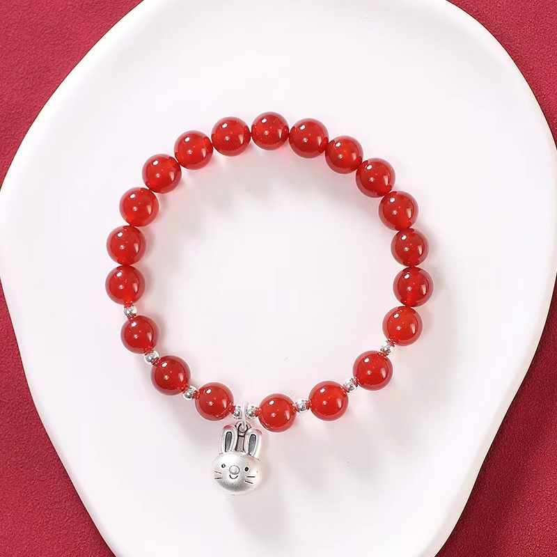 Silver Bracelet For Women 2023 New Red Agate 999 Foot Silver Zodiac Rabbit Bead Bracelet Gift details Picture
