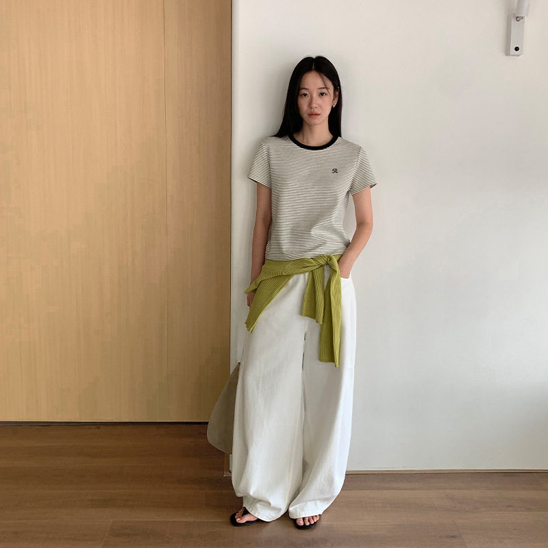 TG Casual striped cotton-feel T-shirt for women 2025 Autumn New Style with small embroidery round neck off-the-shoulder short-sleeved top 25614 Specification image