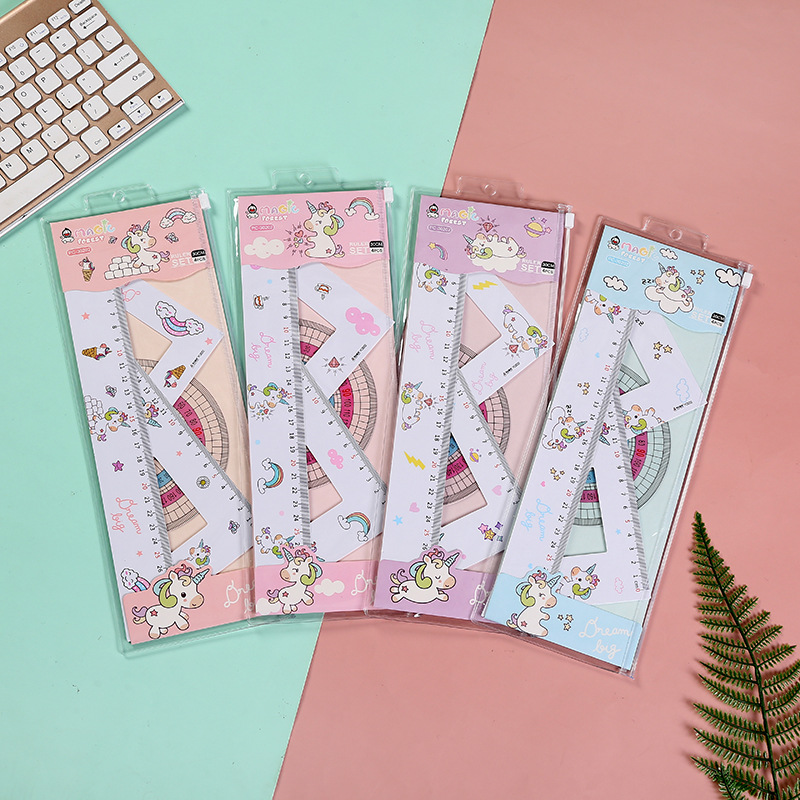 2021 new unicorn cartoon ruler set student set ruler, ruler, triangle protractor 4 pieces wholesale full figure