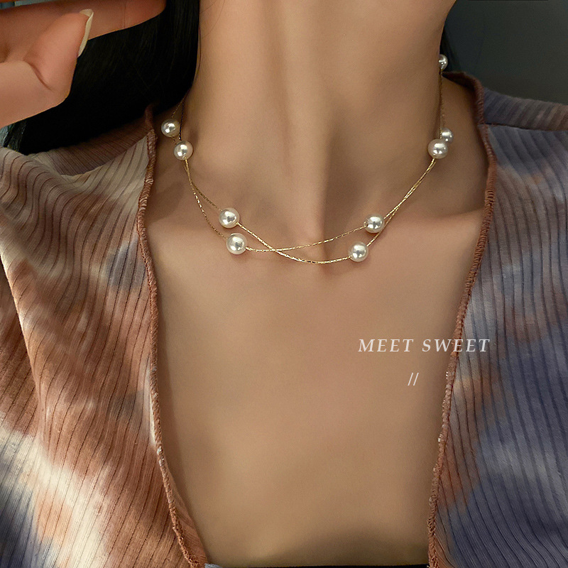 韩国双层叠戴珍珠chocker锁骨链2021年新款个性设计高级感项链女图