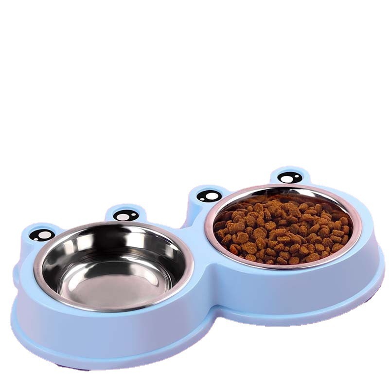 Pet food utensils: Macaron-colored cartoon frog, cat feeding bowl, stainless steel durable and anti-drop dog bowl, pet double bowl Item Picture