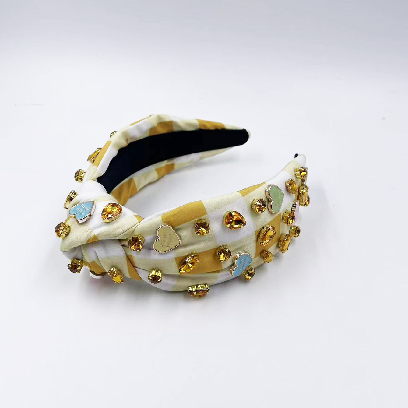 Exclusive Qiwei Accessories, Exclusive Qiwei Accessories, Exclusive original new Valentine's Day diamond-encrusted heart-shaped accessories, checkered fabric, fashionable knot, high head, sweet headband, hair band details Picture