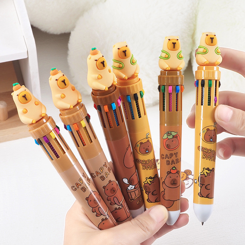 Cartoon Capibala 10-Color Ballpoint Pen Students Creative Multi-Color Pen Stationery Gifts Cute Press Pen Batch details Picture