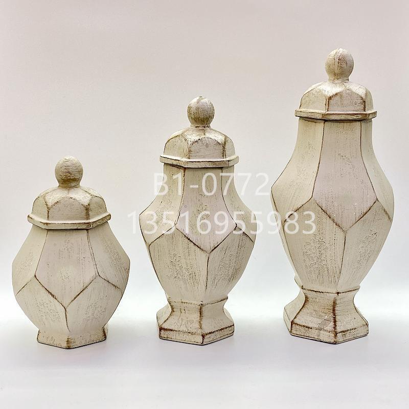 美式乡村复古金属白色陶瓷花瓶 装饰手绘储物罐摆件罐子金堡花瓶