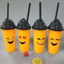 跨境创意卡通可爱笑脸冰淇淋造型塑料杯直身一次性吸管饮料奶茶瓶