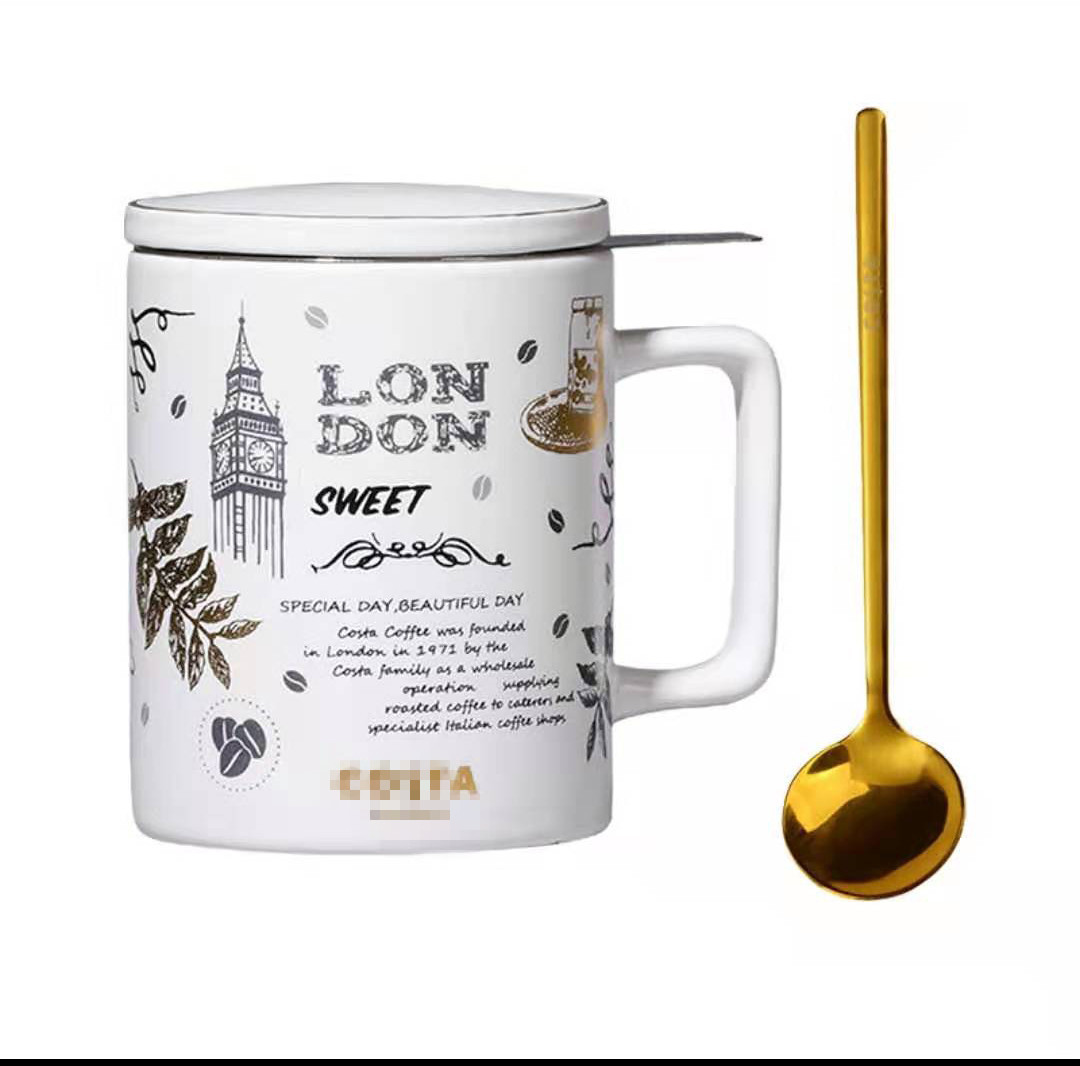 一件代发 COSTA杯男女马克杯带盖勺北欧茶杯茶水分离陶瓷杯咖啡杯详情图4