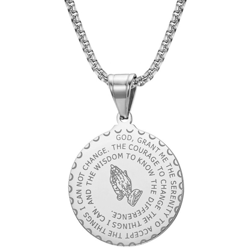 Amazon cross-border stainless steel round pendant necklace, steel prayer hand round pendant necklace, men's and women's accessories Item Picture