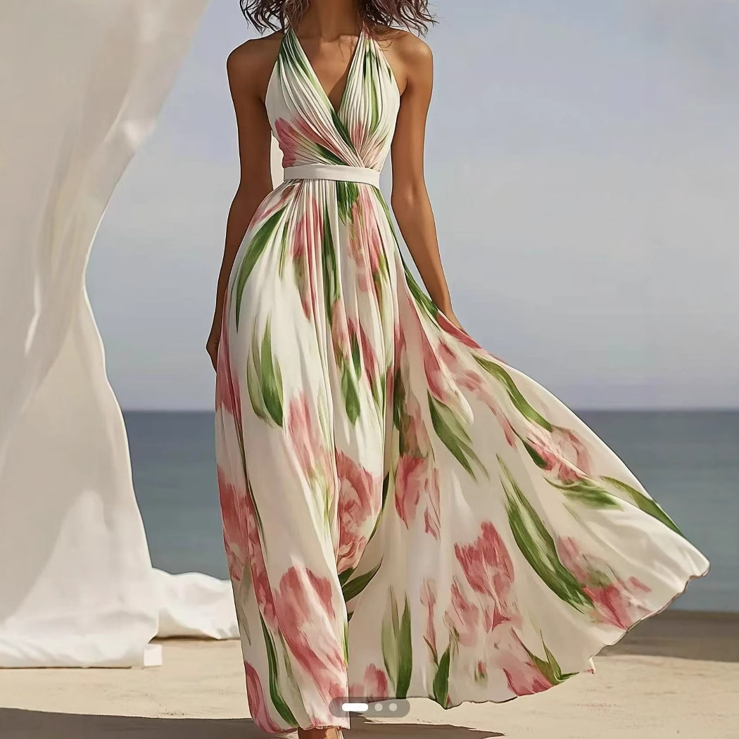 Cross-border Amazon 2025 European and American Summer new V-neck fashionable printed vacation style halter long dress full figure