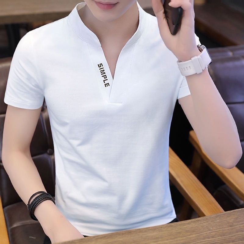 Summer men's V-neck short-sleeved T-shirt, ice-feel elastic base layer, solid color, simple and slim European and American style, small stand-up collar, versatile T-shirt