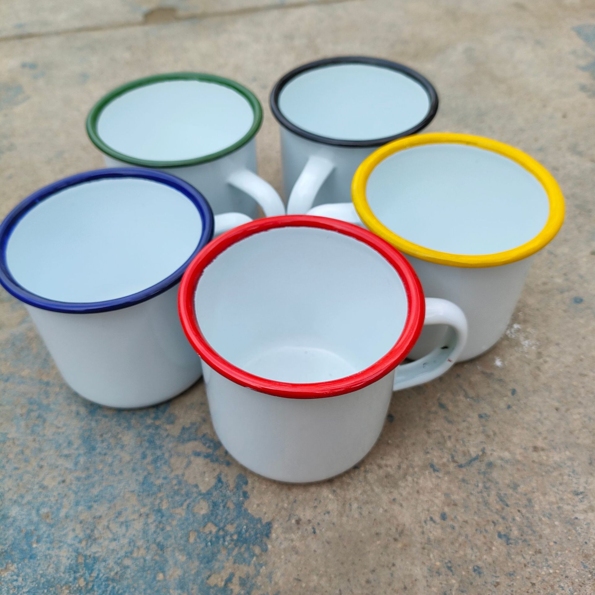 360ML white enamel cup, mug, coffee cup, colored rim with LOGO printed, thickened mouth cup, old-fashioned cup details Picture