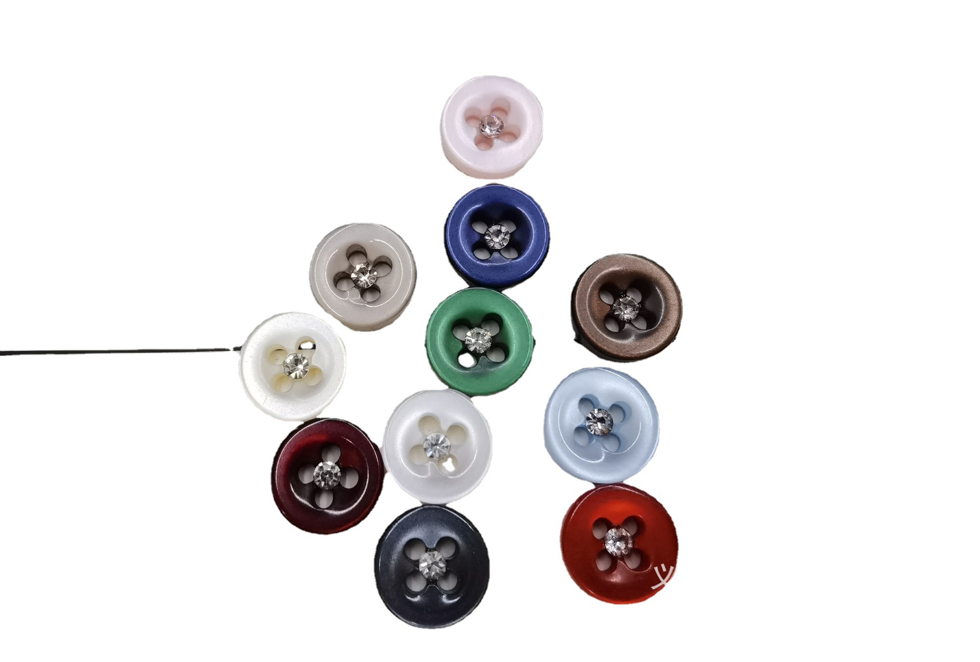 Candy-colored four-eye pearl diamond button, 11.5MM dark eye wide edge bright white base resin plastic button Item Picture