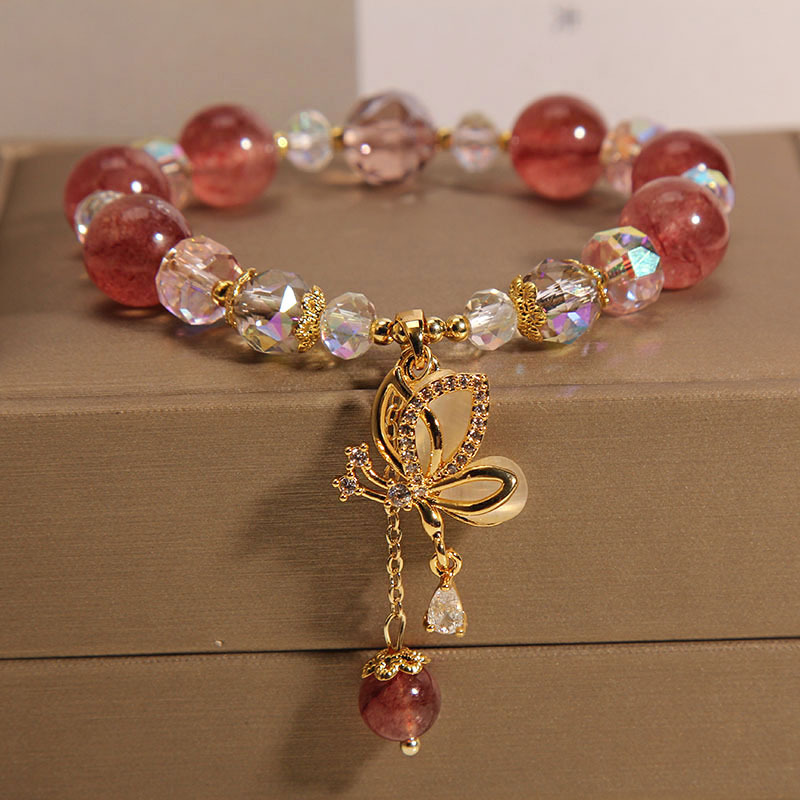 Brazalete de cristal de fresa natural para mujeres nicho de lujo ligero sentido de alto nivel colgante de mariposa cristal cadena de mano para novia novias mejor regalo