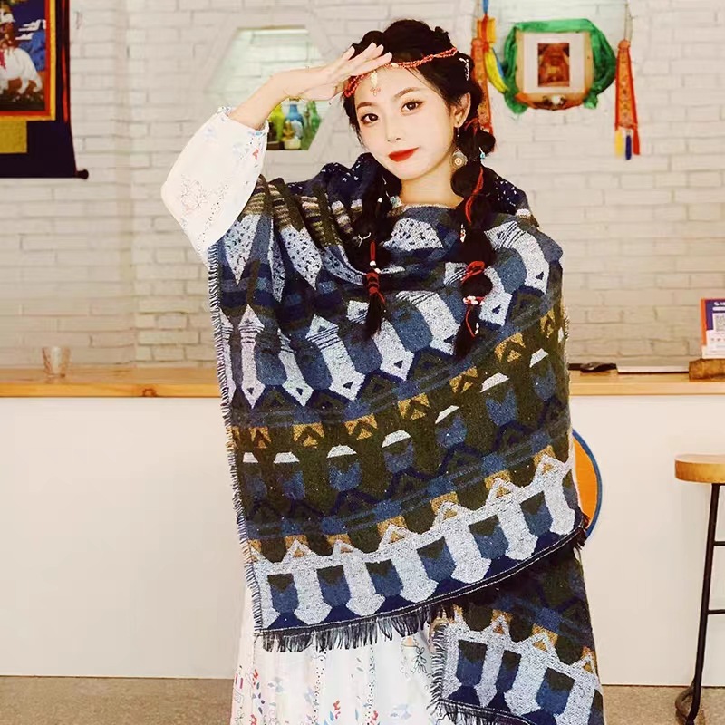 European And American National Style Shawl Female Xinjiang Tibet Travel Photo Wearing Outside To Take Sichuan Cape Dual-Purpose Scarf Female Winter Specification drawing
