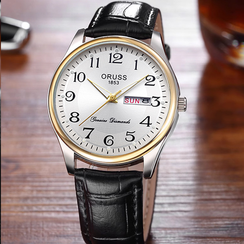 Original new waterproof trendy men's wristwatch, luminous men's leather strap watch, fashionable calendar middle-aged and senior watch factory direct sales Specification image