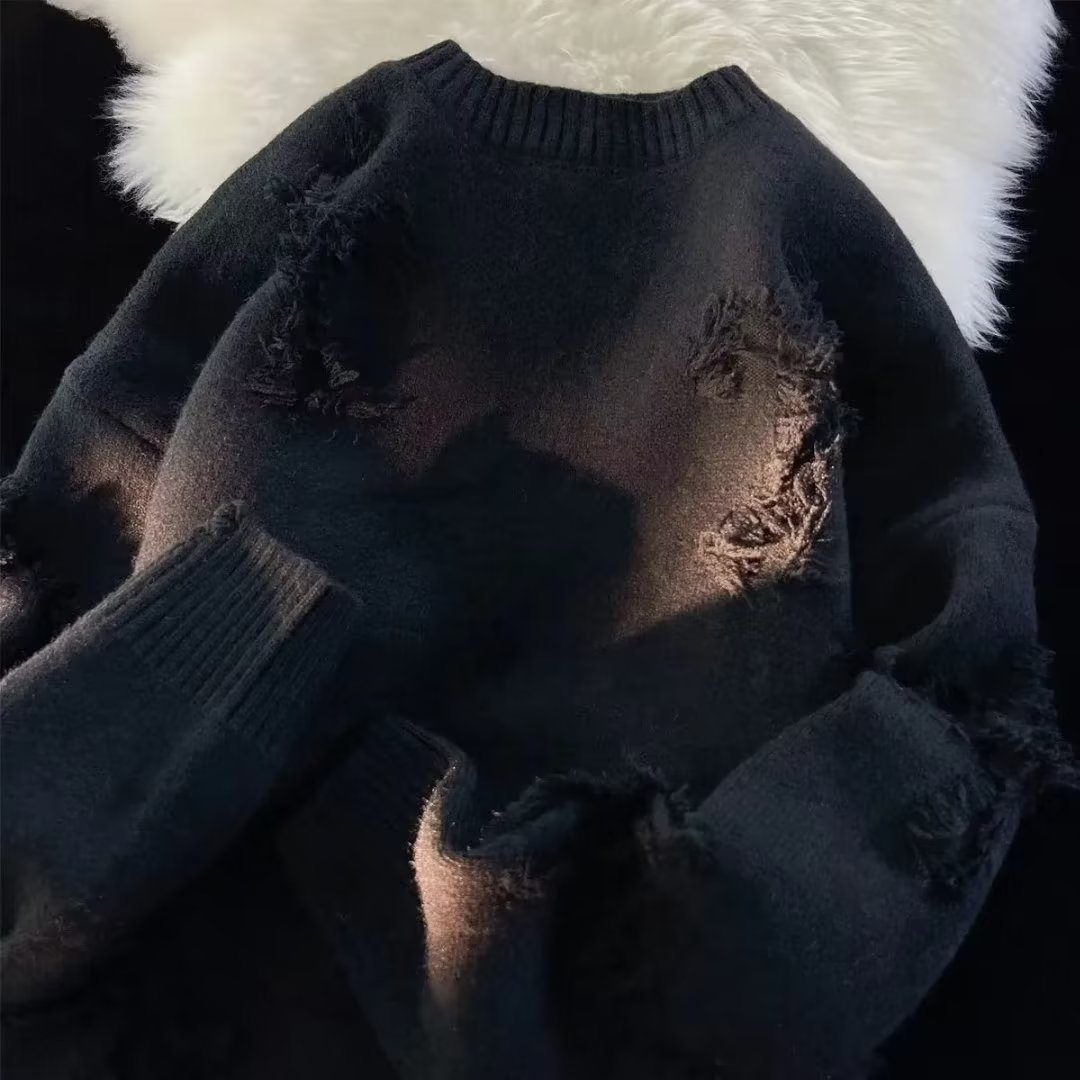 Round-neck sweaters for men and women, Hong Kong trend brand ins loose tops, solid color simple and versatile casual couple outfits, knitted sweaters details Picture