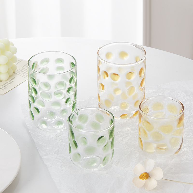 Colorful candy polka dot glass cups, breakfast milk cups, glass water cups, transparent glass water cups, juice cups details Picture